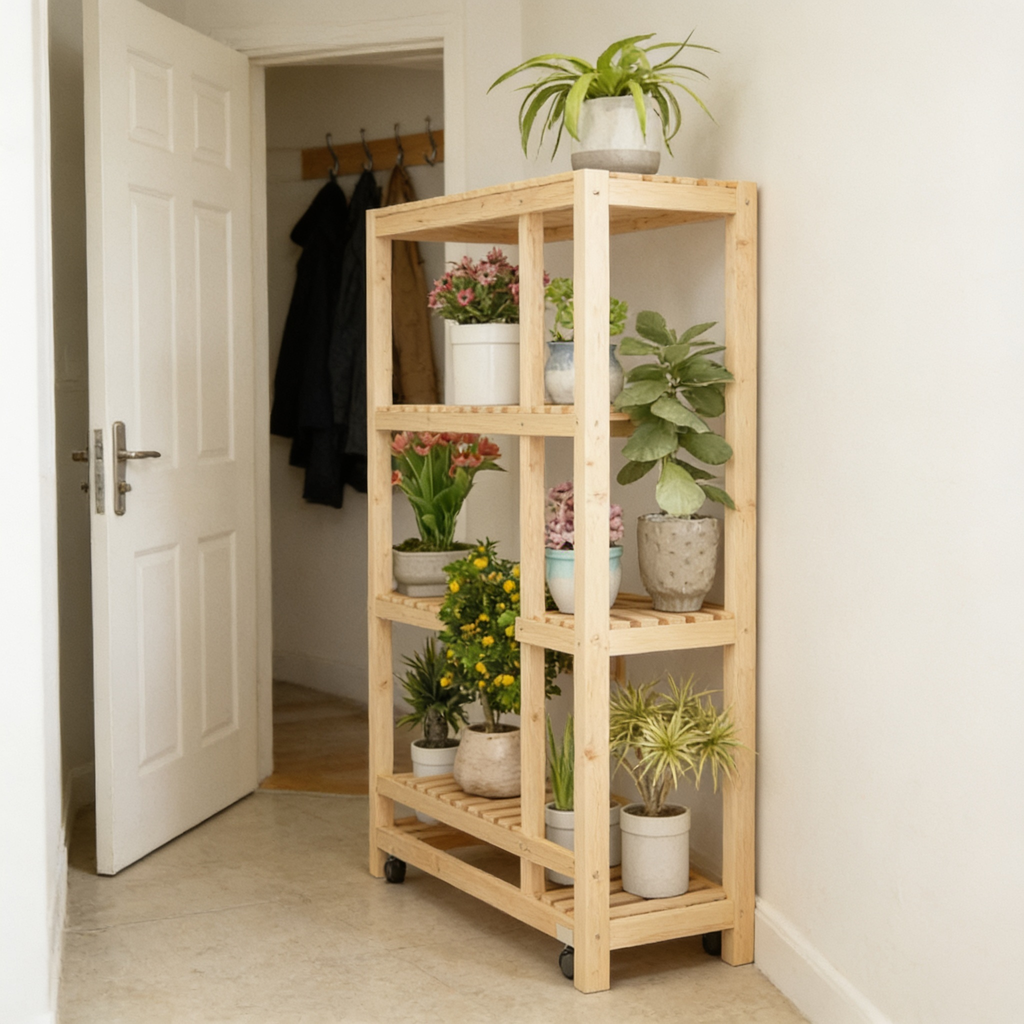 Multi-Tier Pine Plant Stand, 95x26x96cm Flower Pot Rack in use