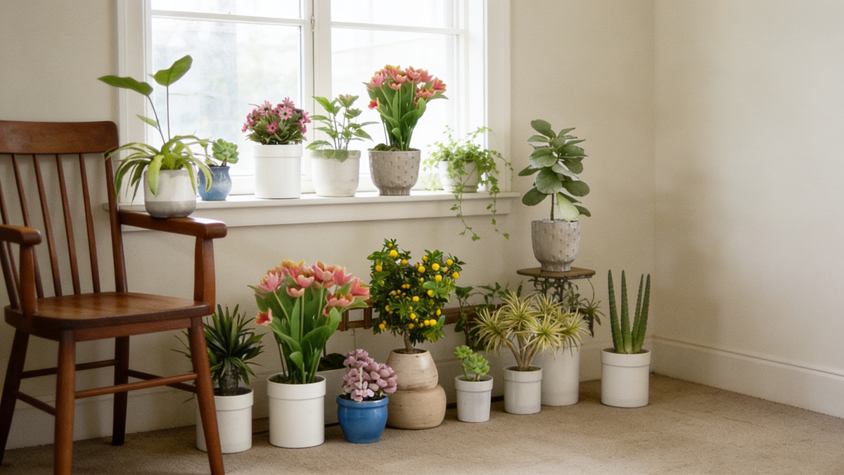Before: pots crowded on sill, floor and chair arm