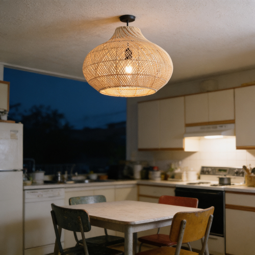 13.8in Caged Rattan Pendant Light in use