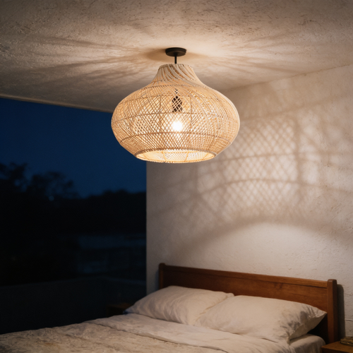 13.8in Caged Rattan Pendant Light in use