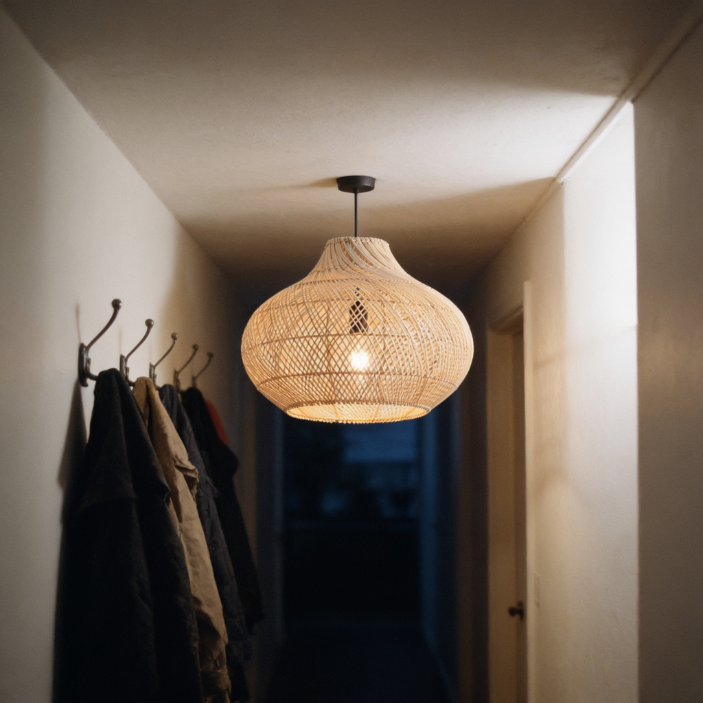 13.8in Caged Rattan Pendant Light in use