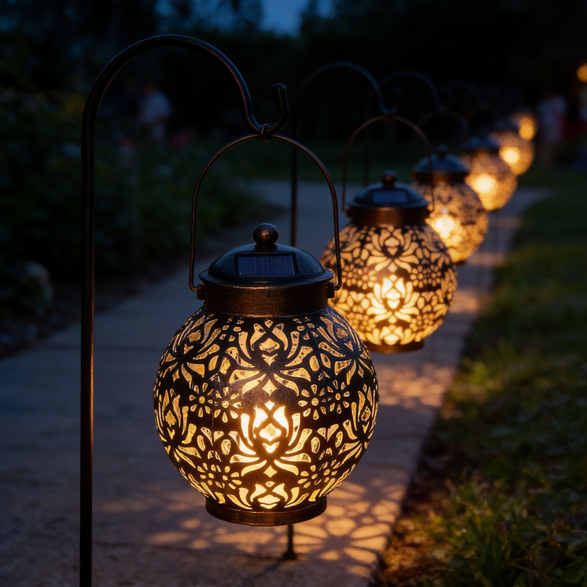 Moroccan Solar Hanging Lanterns, Waterproof Outdoor LED Lights in use