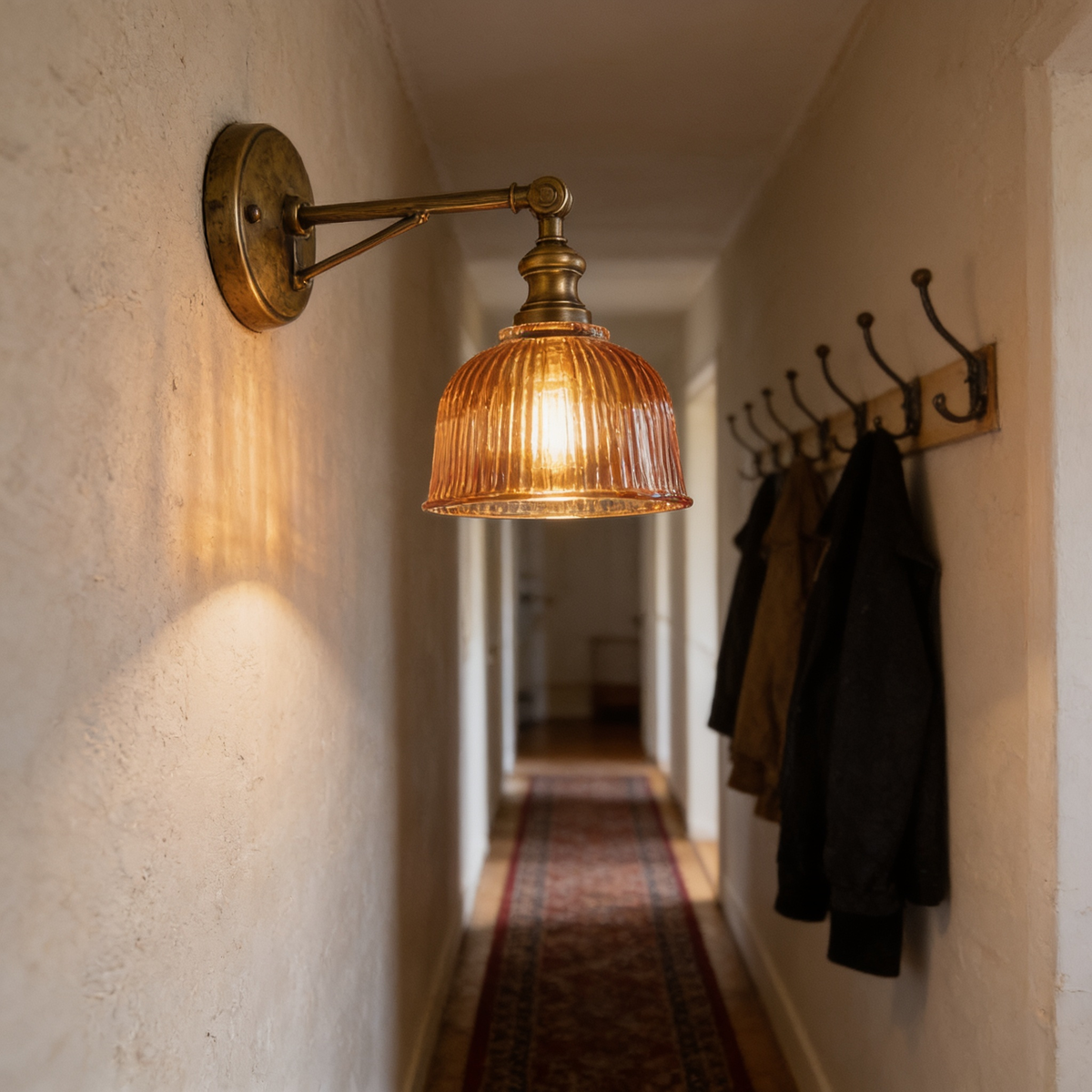 Vintage Brass Wall Sconce, Adjustable Textured Glass Light in use