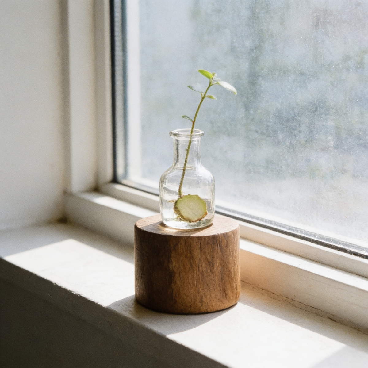 Glass Propagation Vase with Wooden Base, Minimalist Bud Vase in use