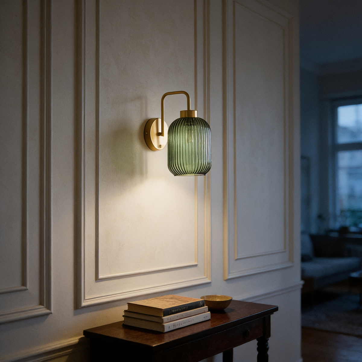 Ribbed Glass Wall Lamp, Green or Amber Brushed Gold Sconce in use