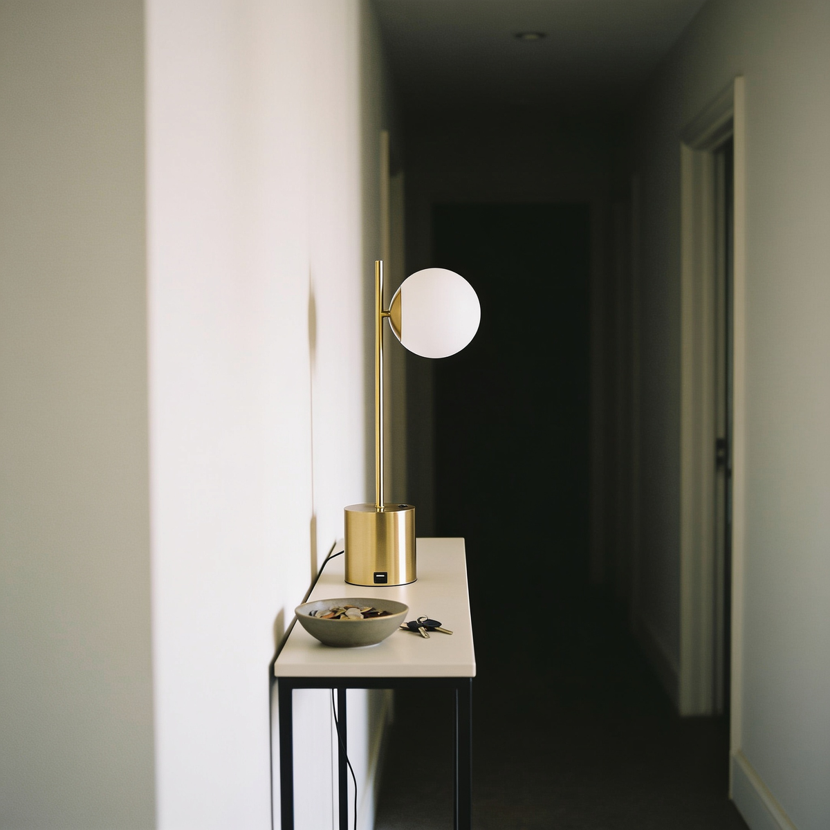 Small Brass Table Lamp, Mid-Century Glass Accent Light in use