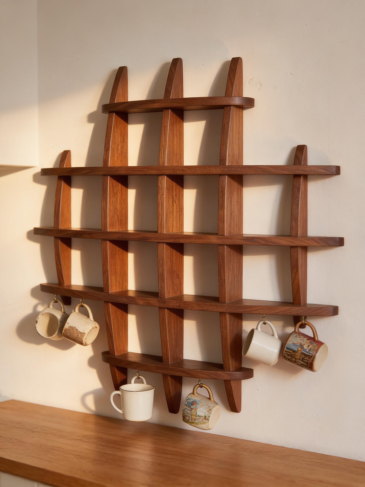 Mismatched mugs hung by the handle on the wall rack