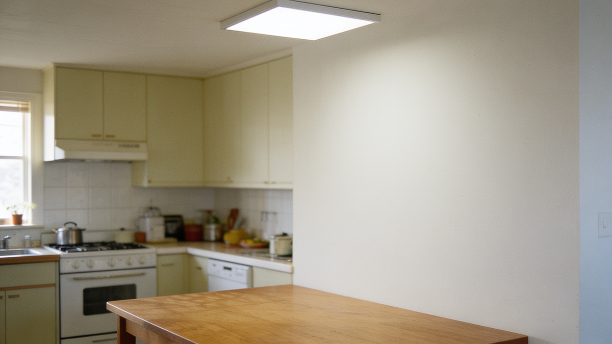 The same kitchen under a flat ceiling light, mugs put away