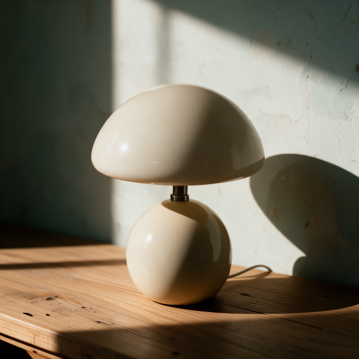 Ceramic Base Mushroom Lamp in Cream on an oak surface
