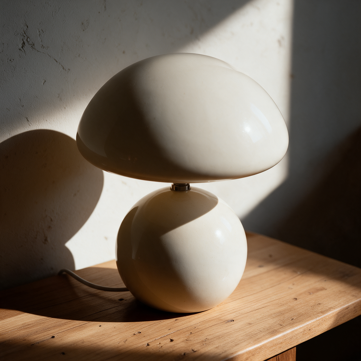 Ceramic Base Mushroom Lamp in White on an oak surface