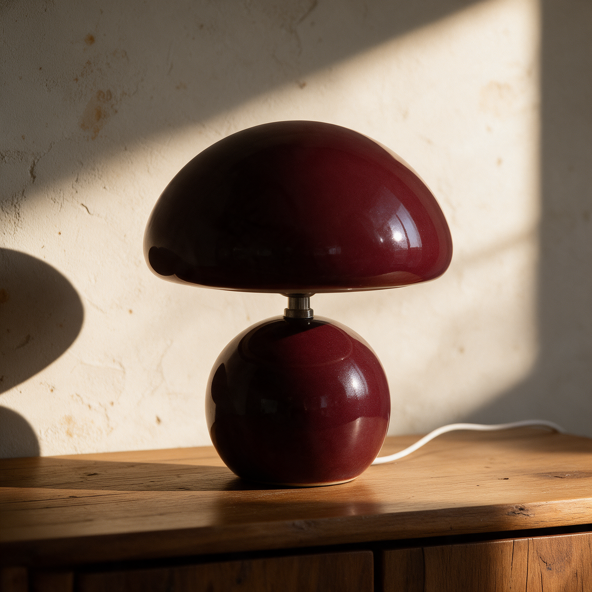 Ceramic Base Mushroom Lamp in Wine Red on an oak surface