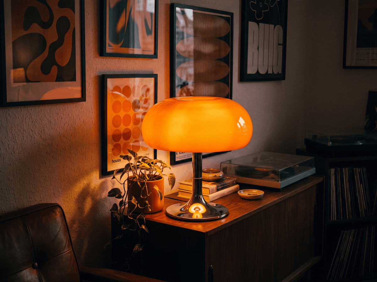 A room lit by a table lamp