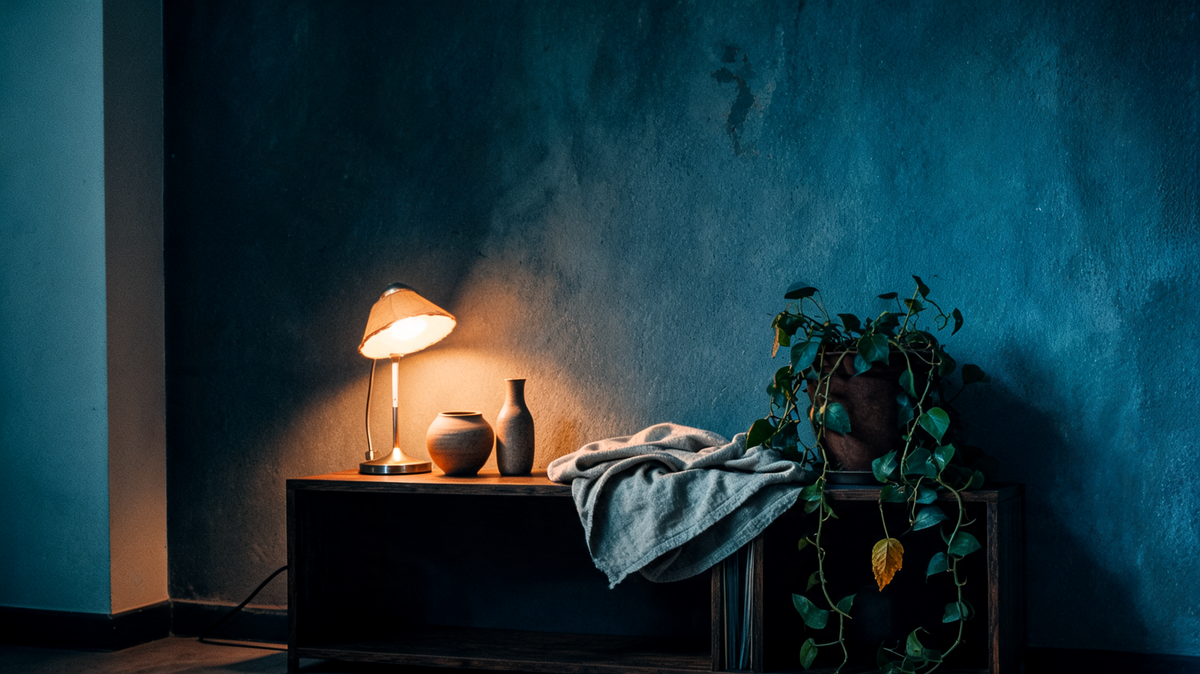 Shelf corner with a lit table lamp and ceramics