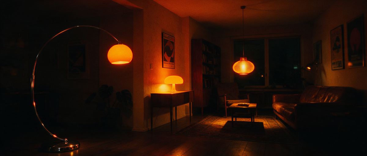 Mid century apartment after dark lit only by its lamps