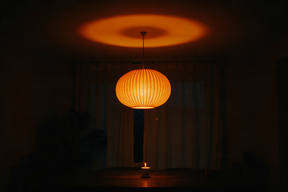 Ribbed paper pendant glowing over a dark dining table