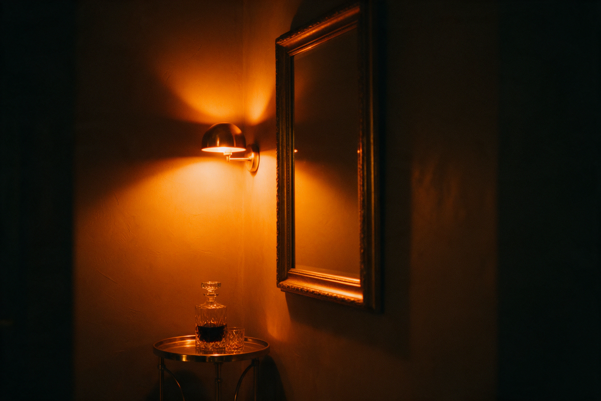 Brass wall sconce lighting a plaster wall beside a gilt mirror